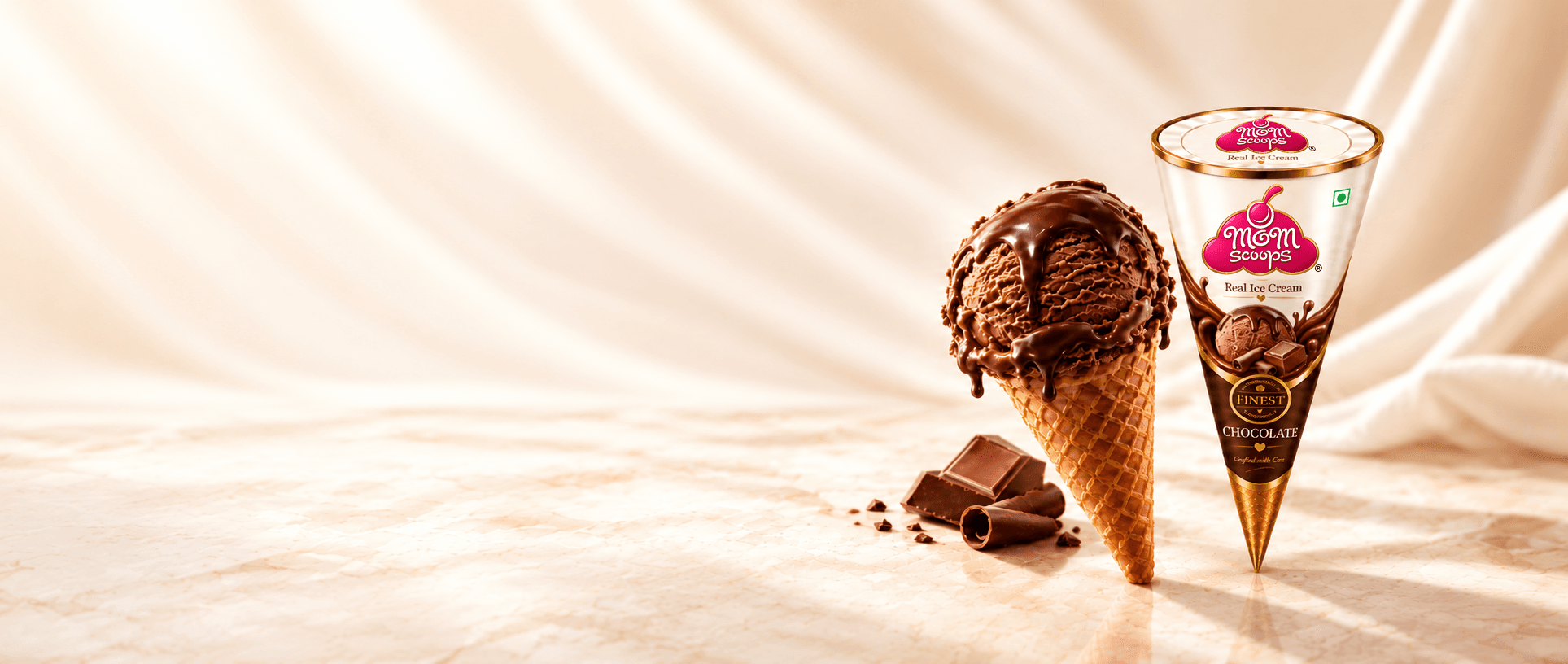 Mom Scoops chocolate ice cream cone and branded pack
