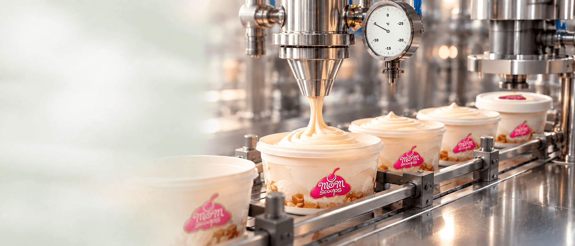 Mom Scoops tubs moving through a controlled ice-cream filling line