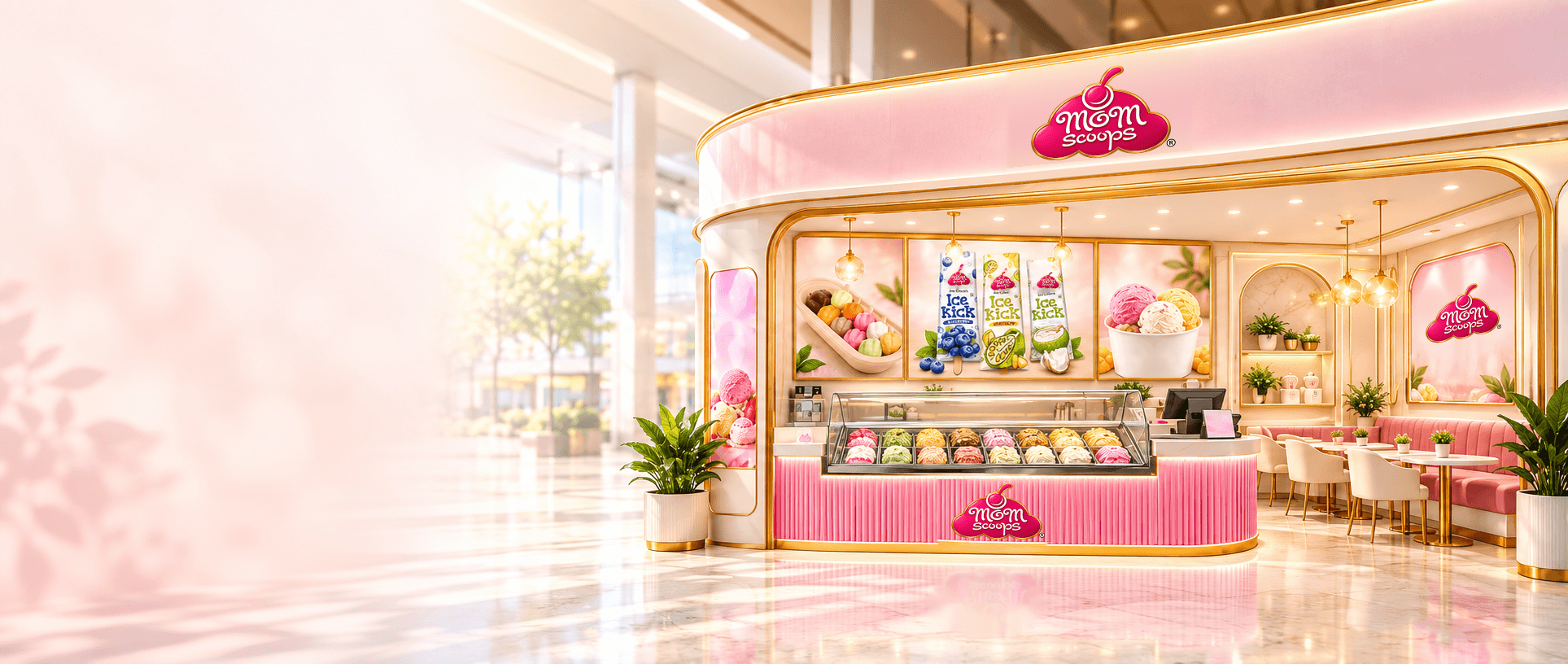 A polished Mom Scoops franchise outlet with scoop counter and Ice Kick product displays