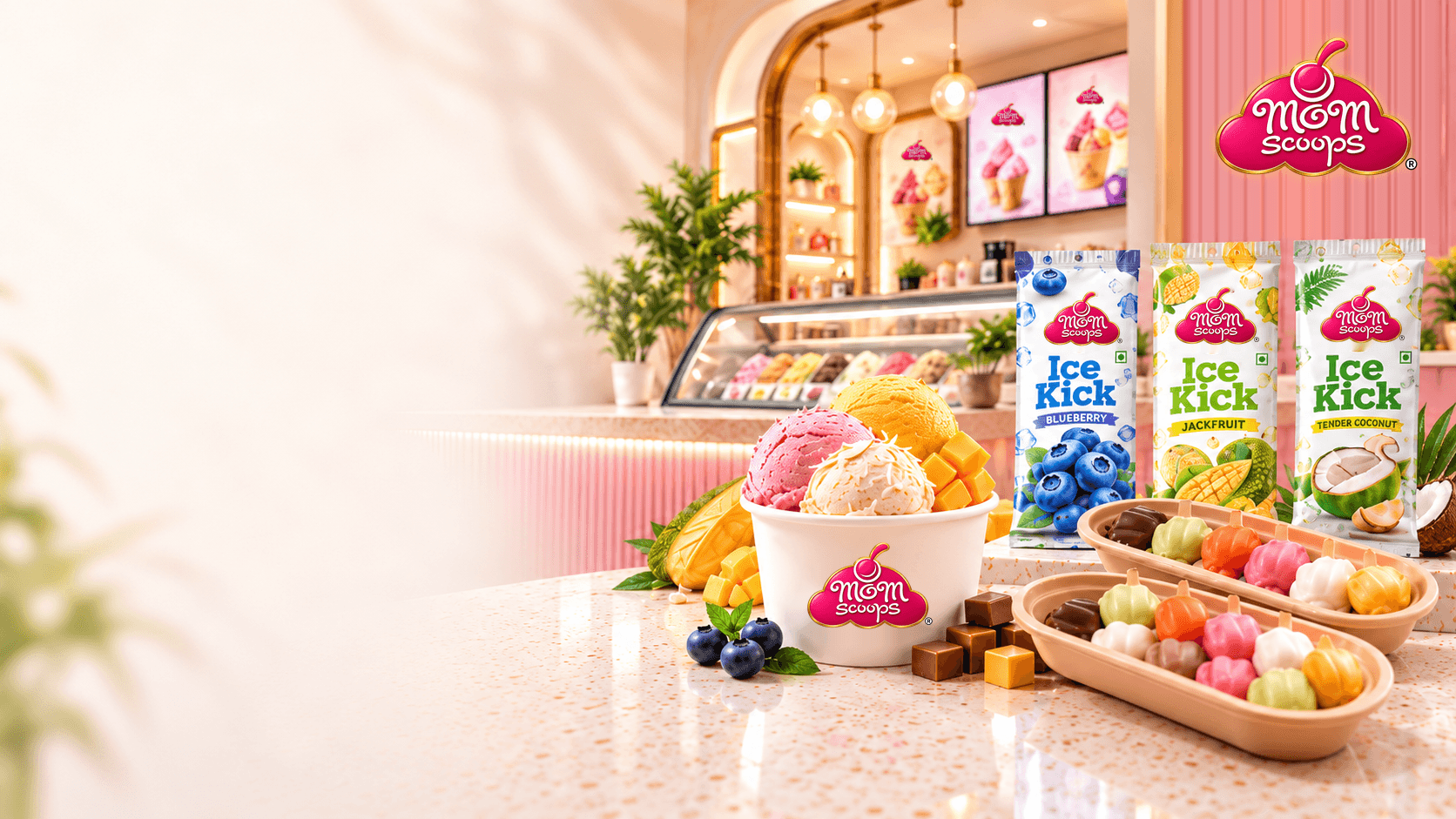 Mom Scoops franchise products and retail counter